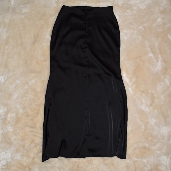 Black Silky Satin Maxi Skirt Size Small Flowy Long Skirt - Picture 2 of 9